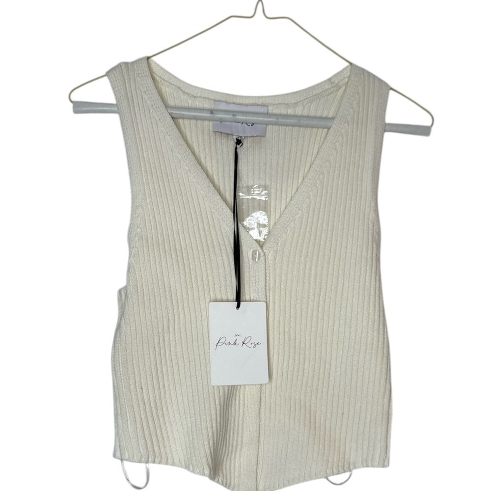 Pink Rose Cream Ribbed V-Neck Button Tank